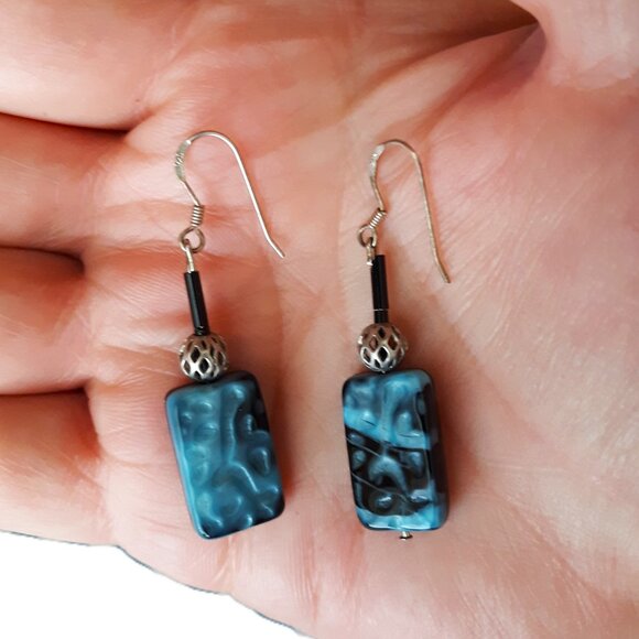 Vintage Women's Embossed Glass Block Pierced Marble Design Earrings Stonehenge - Picture 2 of 5